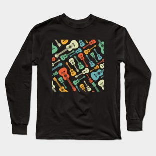 Ukulele Seamless Pattern Retro Theme Long Sleeve T-Shirt